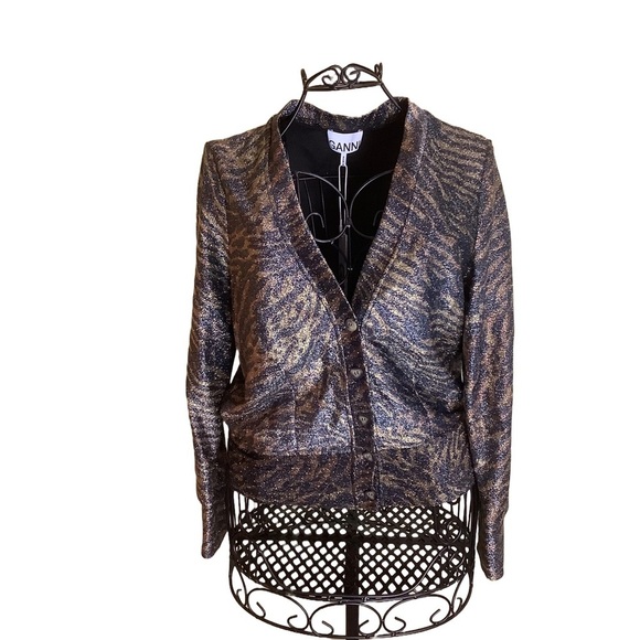 NWT GANNI Animal Leopard Print Metallic V-Neck Cardigan Sweater Size 40 EU/8 US - Picture 3 of 16